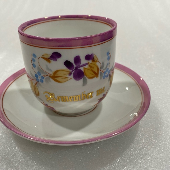 German Antique “Remember Me”Teacup and Saucer Pink Banded Hand Painted Beauty - Picture 13 of 13